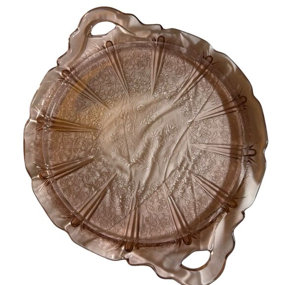 Vintage Jeanette Pink Depression Glass Platter Tray Handled Cherry Blossom - Picture 2 of 8